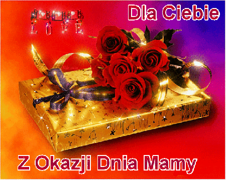 Prezent z kokardą i czerwone róże z okazji Dnia Mamy